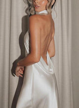 Silk Like Satin Backless Halter Sheath Fitted Wedding Dresses-Dbrbridal