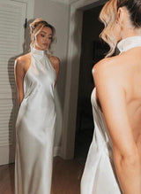 Silk Like Satin Backless Halter Sheath Fitted Wedding Dresses-Dbrbridal