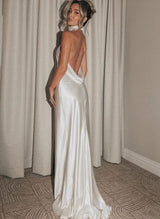 Silk Like Satin Backless Halter Sheath Fitted Wedding Dresses-Dbrbridal