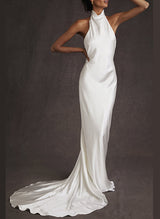 Silk Like Satin Backless Halter Sheath Fitted Wedding Dresses-Dbrbridal