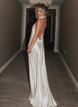 Silk Like Satin Backless Halter Sheath Fitted Wedding Dresses-Dbrbridal