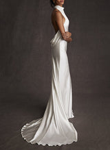 Silk Like Satin Backless Halter Sheath Fitted Wedding Dresses-Dbrbridal