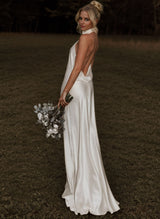 Silk Like Satin Backless Halter Sheath Fitted Wedding Dresses-Dbrbridal
