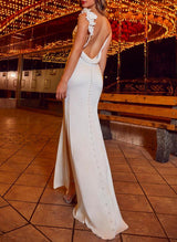 Silk-like satin wedding dresses Flowers high split-Dbrbridal