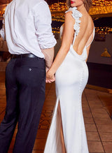 Silk-like satin wedding dresses Flowers high split-Dbrbridal