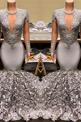 Silver Party Dress Fit and Flare Floral Prom Dresses Lace Appliques Real Shooting Formal Dresses-Dbrbridal