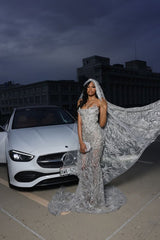 Silver Sparkle Beaded Mermaid Court Train Sweetheart Sleeveless Prom Dresses-Dbrbridal