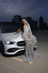 Silver Sparkle Beaded Mermaid Court Train Sweetheart Sleeveless Prom Dresses-Dbrbridal