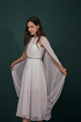 Simple Beadings White Chiffon Summer Wedding Dress with Cape-Dbrbridal