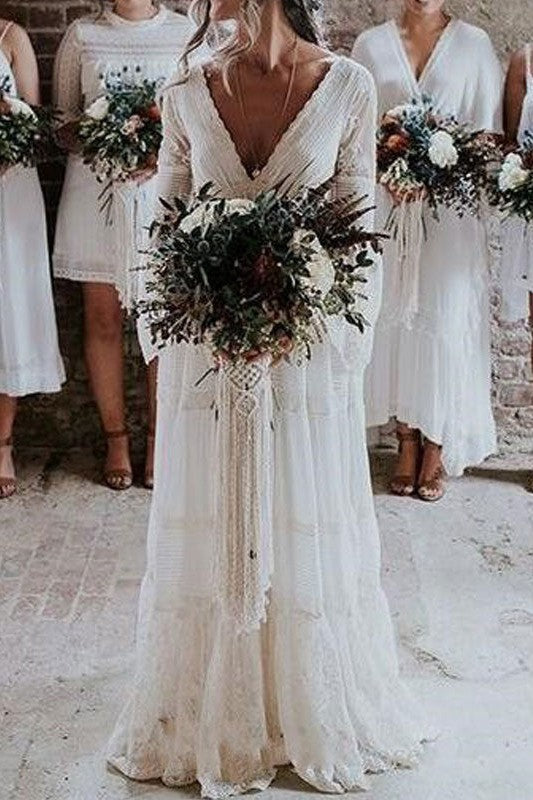 tropical bridal dresses boho wedding dresses A-line deep V-Neck multilayer lace chiffon beach party dress bridal gowns – Dbrbridal