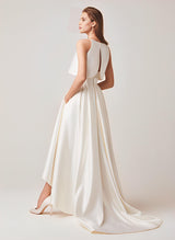 Simple Ivory Satin Chic A-line Wedding Dress Zipper Sleeveless-Dbrbridal