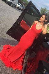 Simple Spaghetti V-Neck Mermaid Long Prom Dresses with Fur Train-Dbrbridal