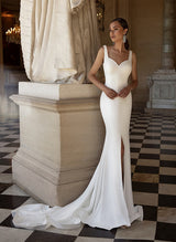 Simple Wedding Dress Split Front Two Pieces Long Sleeves-Dbrbridal