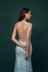 Sky blue Lace Criss-cross back Mermaid Prom Dress-Dbrbridal