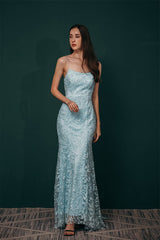 Sky blue Lace Criss-cross back Mermaid Prom Dress-Dbrbridal