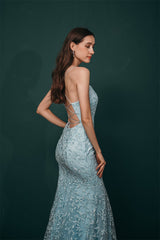 Sky blue Lace Criss-cross back Mermaid Prom Dress-Dbrbridal