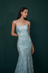 Sky blue Lace Criss-cross back Mermaid Prom Dress-Dbrbridal