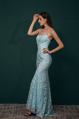 Sky blue Lace Criss-cross back Mermaid Prom Dress-Dbrbridal