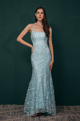 Sky blue Lace Criss-cross back Mermaid Prom Dress-Dbrbridal
