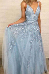 Sky Blue Lace Prom Dresses Sexy Deep V-Neck A Line Long Party Chic Floor Length Women Evening Gowns-Dbrbridal