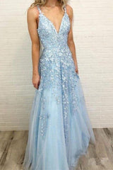 Sky Blue Lace Prom Dresses Sexy Deep V-Neck A Line Long Party Chic Floor Length Women Evening Gowns-Dbrbridal