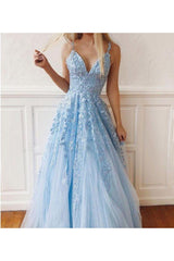 Sky Blue Lace Prom Dresses Sexy Deep V-Neck A Line Long Party Chic Floor Length Women Evening Gowns-Dbrbridal