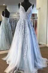 Sky Blue Lace Prom Dresses Sexy Deep V-Neck A Line Long Party Chic Floor Length Women Evening Gowns-Dbrbridal