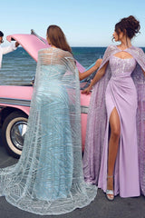 Sky Blue Mermaid Prom Dress with Sweetheart Slit and Sequins Cape-Dbrbridal
