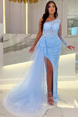 Sky Blue One Shoulder Long Sleeve Mermaid Evening Prom Dresses with Lace Appliques and Split Ruffles-Dbrbridal