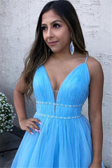 Sky Blue Spaghetti-Straps A-Line Tulle Sleeveless Formal Dresses-Dbrbridal