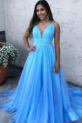 Sky Blue Spaghetti-Straps A-Line Tulle Sleeveless Formal Dresses-Dbrbridal