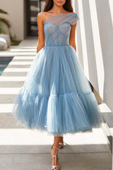 Sky Blue Tulle Prom Dress Tea-Length One Shoulder-Dbrbridal