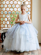 Sky Light Blue V-Neck Sleeveless Tulle Polyester Bows Kids Social Party Dresses-Dbrbridal