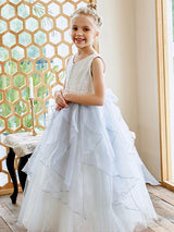 Sky Light Blue V-Neck Sleeveless Tulle Polyester Bows Kids Social Party Dresses-Dbrbridal
