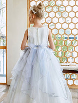 Sky Light Blue V-Neck Sleeveless Tulle Polyester Bows Kids Social Party Dresses-Dbrbridal