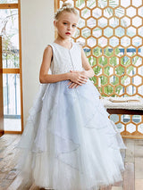 Sky Light Blue V-Neck Sleeveless Tulle Polyester Bows Kids Social Party Dresses-Dbrbridal