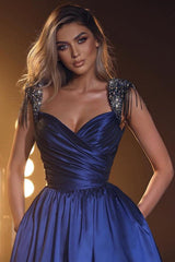 Sleeveless A-Line Evening Prom Dress With Sequins Tassels in Royal Blue-Dbrbridal