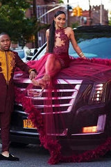 Sleeveless Applique Floor Length Burgundy Evening Gowns Slim Sweep Train Prom Gown-Dbrbridal