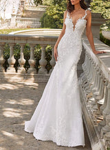 Sleeveless Court Train Lace Wedding Dresses Appliques Lace-Dbrbridal