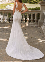 Sleeveless Court Train Lace Wedding Dresses Appliques Lace-Dbrbridal
