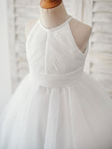Sleeveless Crewneck Ecru White Kids Party Dresses-Dbrbridal