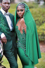 Sleeveless Dark Green Halter Mermaid Prom Dress With Beadings-Dbrbridal