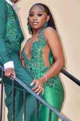 Sleeveless Dark Green Halter Mermaid Prom Dress With Beadings-Dbrbridal