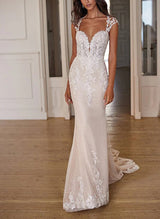 Sleeveless Elegant Sweetheart Mermaid Fitted Lace Tulle Wedding Dress Sweep Train-Dbrbridal