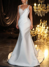 Sleeveless Elegant Sweetheart Satin Sequined Mermaid Fitted Wedding Dresses-Dbrbridal