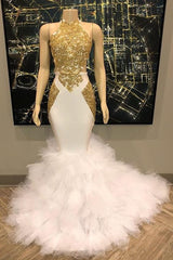 Sleeveless Gold Appliques Tulle Button Mermaid Prom Dresses-Dbrbridal