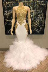 Sleeveless Gold Appliques Tulle Button Mermaid Prom Dresses-Dbrbridal