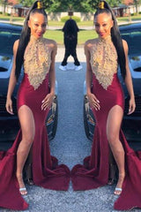Sleeveless Halter Front Slit Gold Appliques Burgundy Evening Gowns Mermaid Prom Dresses-Dbrbridal