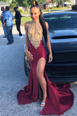 Sleeveless Halter Front Slit Gold Appliques Burgundy Evening Gowns Mermaid Prom Dresses-Dbrbridal