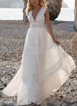 Sleeveless Lace Wedding Dress Chic A-line V-Neck Sweep Train-Dbrbridal